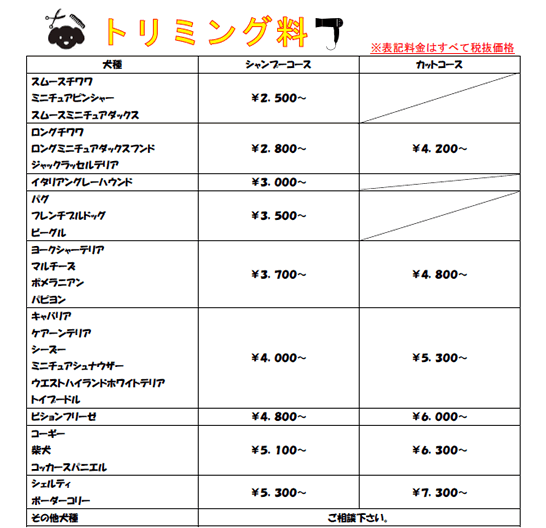 トリミング料金表
